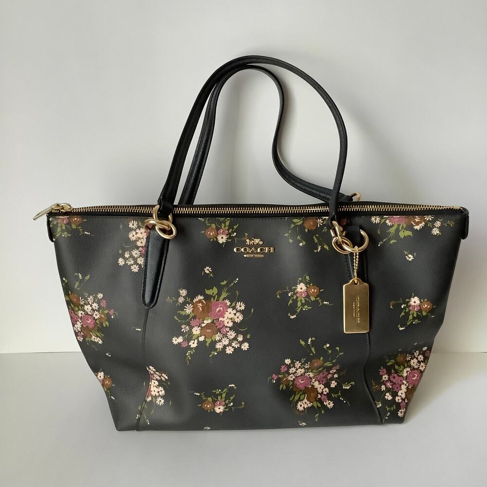 Coach Ava Crossgrain Leather Tote Bag Midnight Blue Delicate Floral Bundle Print